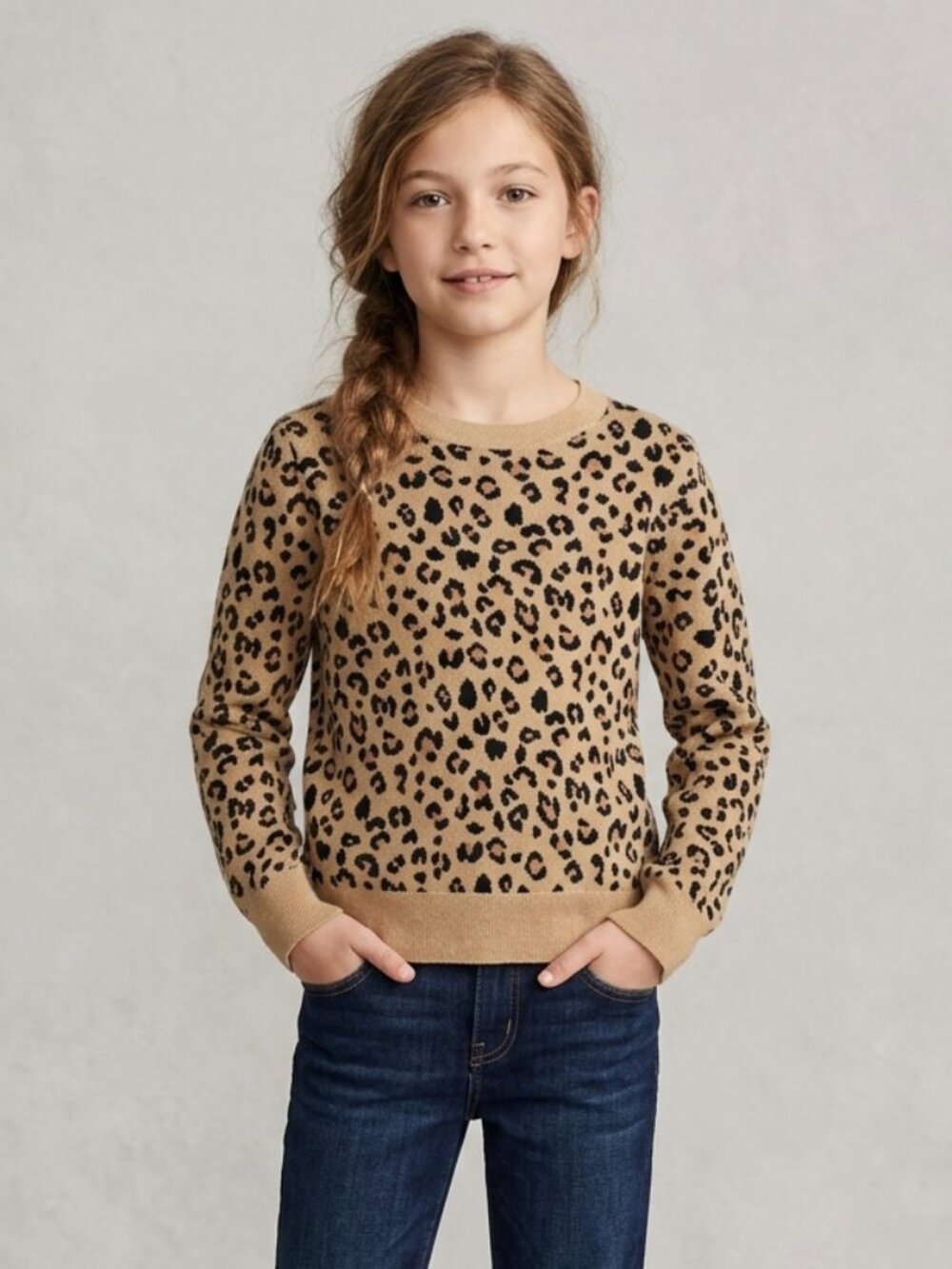 J. Crew Crewcuts Girl's Size L (10-12) Tan Leopard Print Light Knit Sweater